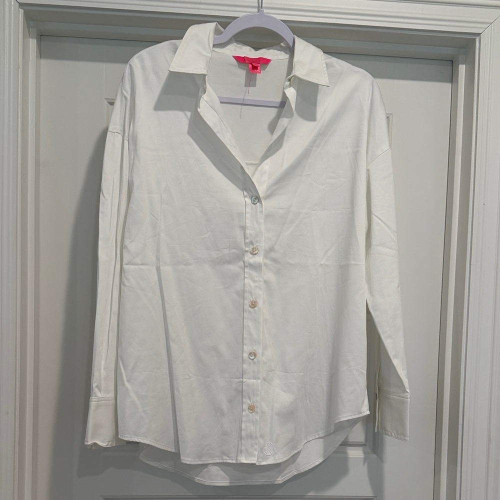 Lilly Pulitzer White Button-Down Shirt with Pink Logo Tag